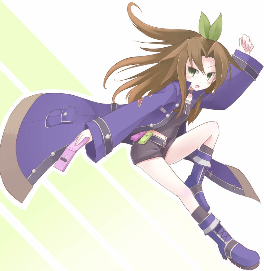 :o arm_up belt blush boots bow brown_hair cell_phone cellphone choker choujigen_game_neptune collarbone compile_heart female green_eyes gust hair_bow hair_ornament idea_factory if_(choujigen_game_neptune) jacket leaf legs long_hair long_sleeves looking_back midriff navel nippon_ichi open_mouth phone sega shorts solo spinalien_(madaha) trench_coat trenchcoat yatsuka_supina