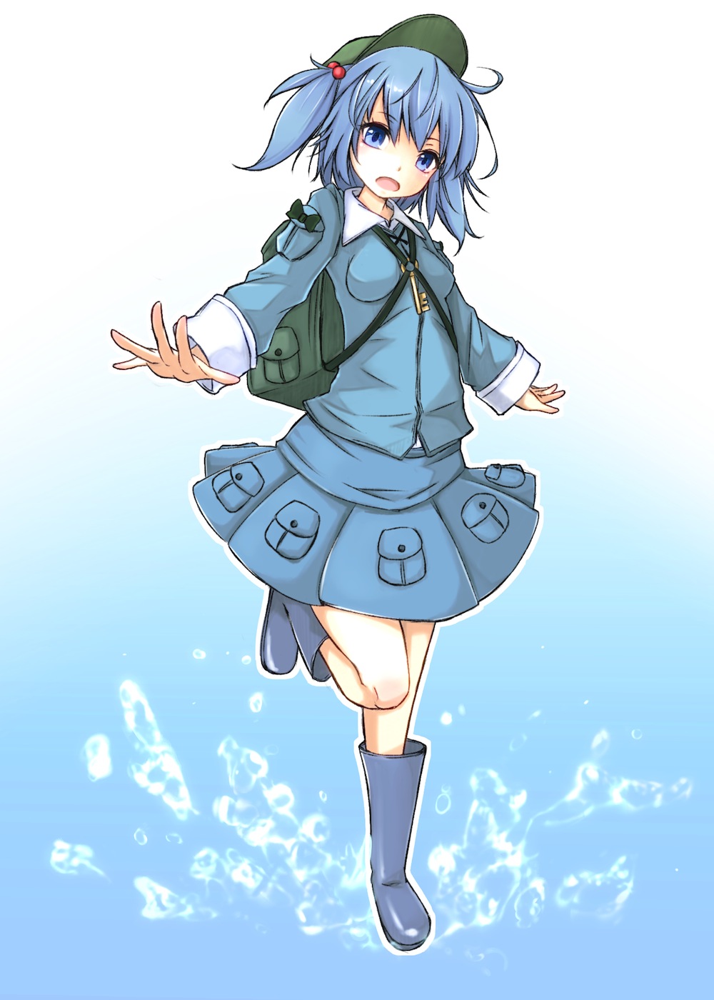 1girl backpack bag blue_eyes blue_hair hair_bobbles hair_ornament hat highres kawashiro_nitori long_sleeves looking_at_viewer maru-pen open_mouth outstretched_arms pocket rubber_boots shirt skirt solo splashing standing_on_one_leg touhou twintails