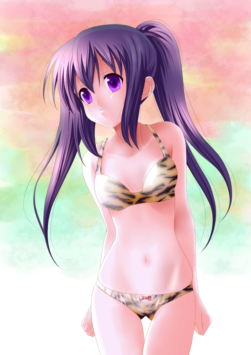 beruda bikini k-on! long_hair nakano_azusa purple_eyes purple_hair solo swimsuit tiger_print twintails violet_eyes