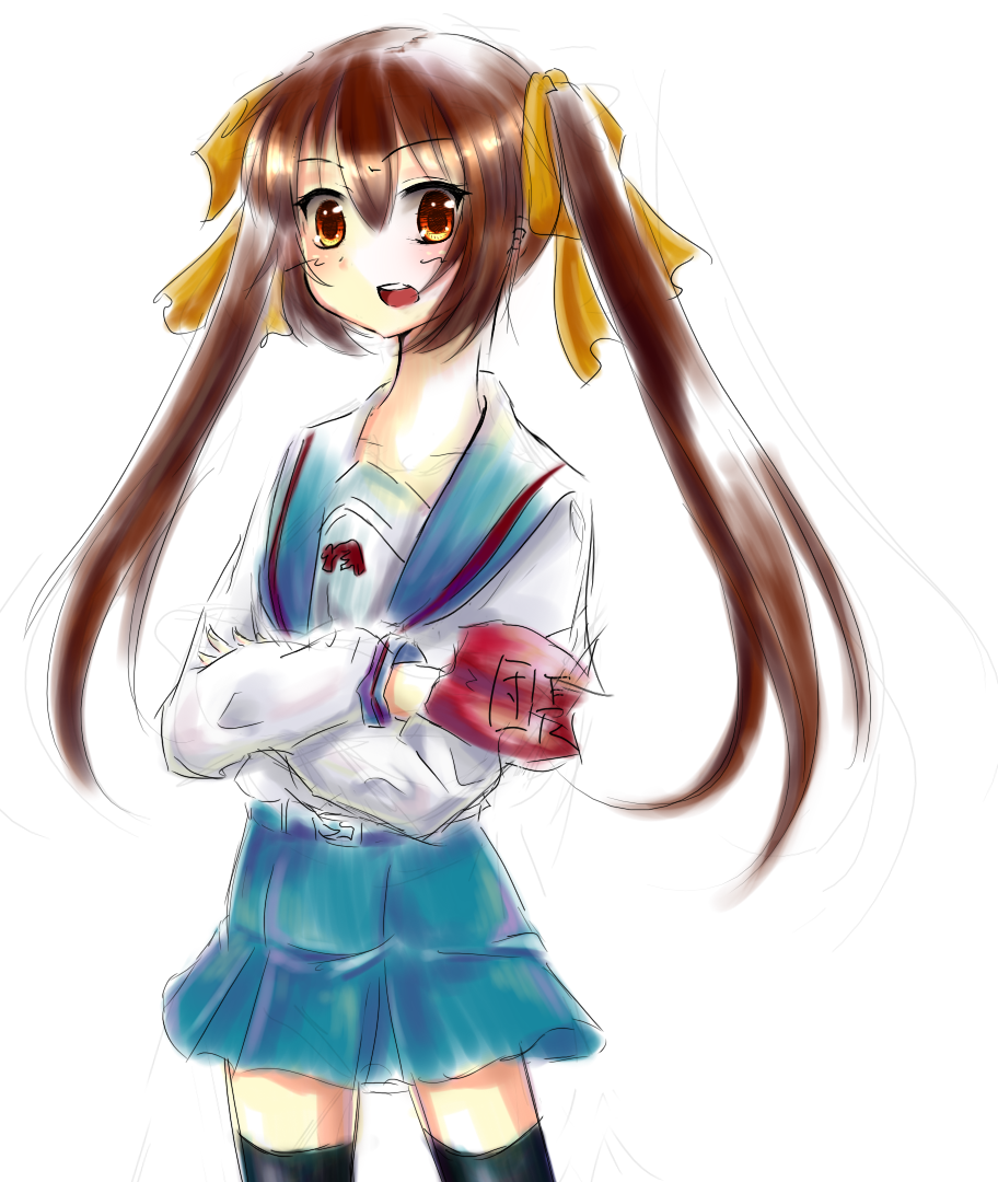 alternate_hairstyle armband blush breasts brown_eyes brown_hair crossed_arms hairband long_hair minipoyo pigtails school_uniform suzumiya_haruhi suzumiya_haruhi_no_yuuutsu twintails