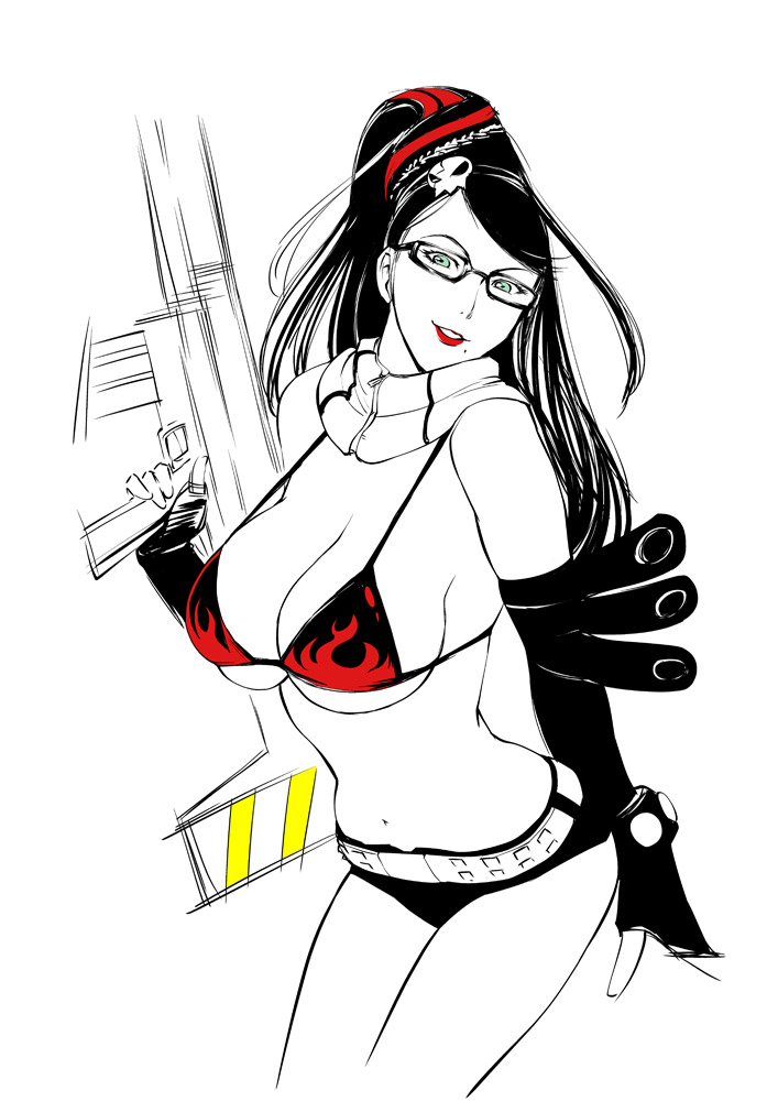 bayonetta_(character) bikini_top breasts cleavage cosplay glasses gun large_breasts lipstick mole monochrome navel scarf solo tengen_toppa_gurren_lagann ueyama_michirou weapon yoko_littner yoko_littner_(cosplay) yoko_ritona yoko_ritona_(cosplay)