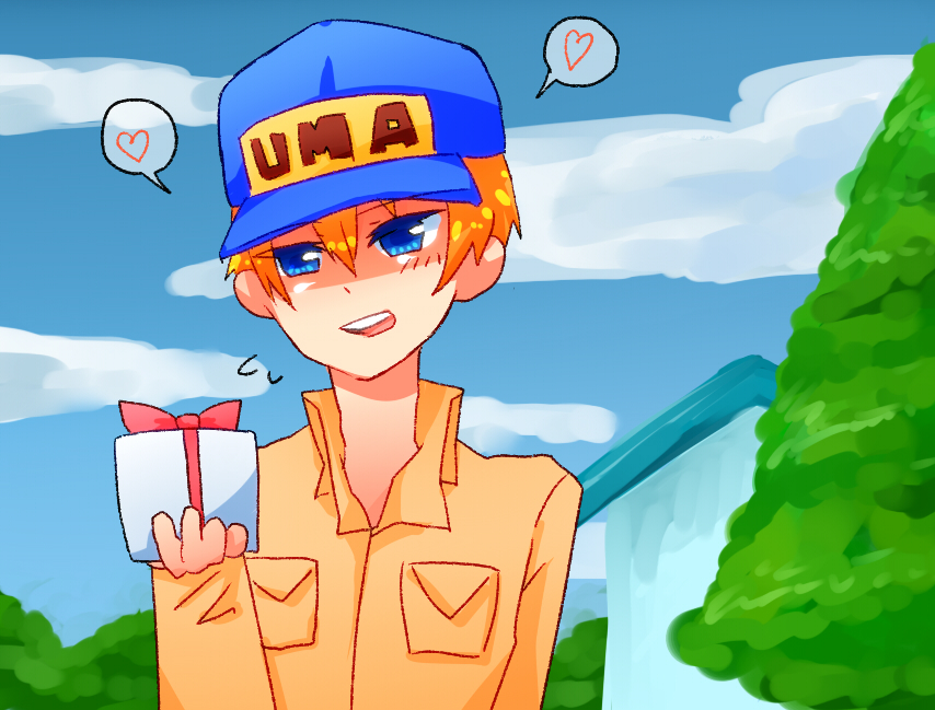 blue_eyes blush clouds colored_eyelashes gift grey_(harvest_moon) harvest_moon hat house long_sleeves male open_mouth orange_hair short_hair sky solo spoken_heart tree