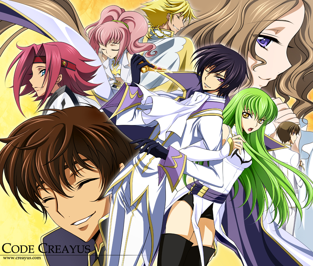 back-to-back back_to_back bare_shoulders blonde_hair blue_eyes brown_hair c.c. cc code_geass creayus fingerless_gloves gino_weinberg gloves green_eyes green_hair hand_holding headband holding_hands kallen_stadtfeld kururugi_suzaku lelouch_lamperouge long_hair looking_back luciano_bradley nunnally_lamperouge pink_hair purple_eyes red_hair redhead short_hair smile tan thigh-highs thighhighs violet_eyes yellow_eyes