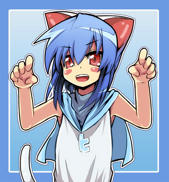 animal_ears aqua_hair blue_hair blush_stickers cat_ears cat_tail drpow face hands open_mouth paw_pose red_eyes short_hair solo tail tom twit-tan twitter