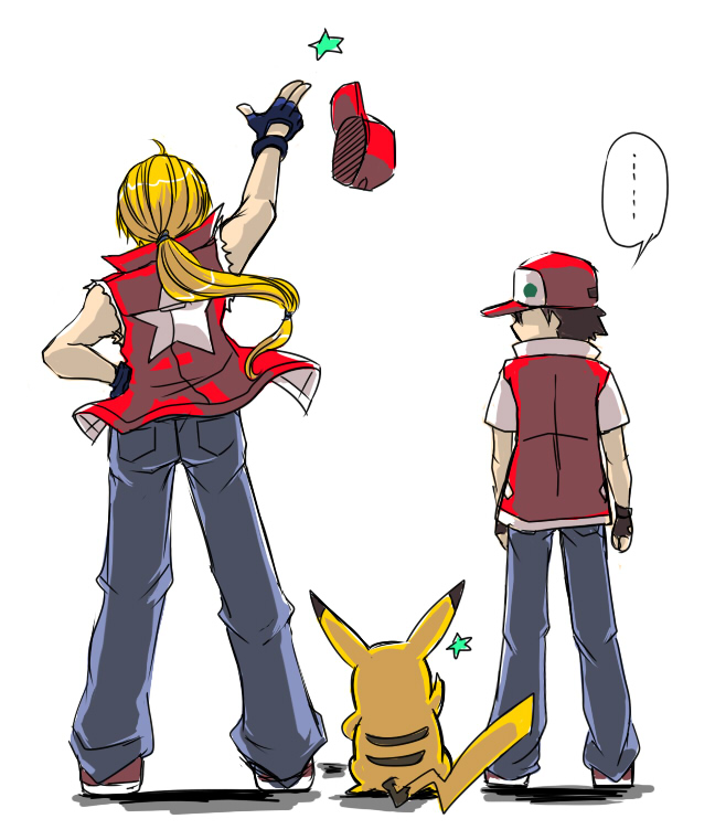 1other 2boys animal ass back baseball_cap blonde_hair creatures_(company) denim fatal_fury from_behind game_freak gen_1_pokemon hat human jeans long_hair mouse mouse_tail multiple_boys nintendo niyasu no_eyes no_mouth olm_digital pants pikachu pokemon pokemon_(anime) pokemon_(creature) pokemon_(game) pokemon_rgby ponytail red_(pokemon) snk sora_(company) star star_print super_smash_bros. terry_bogard the_king_of_fighters throwing_hat torn_clothes torn_sleeves tv_tokyo vest