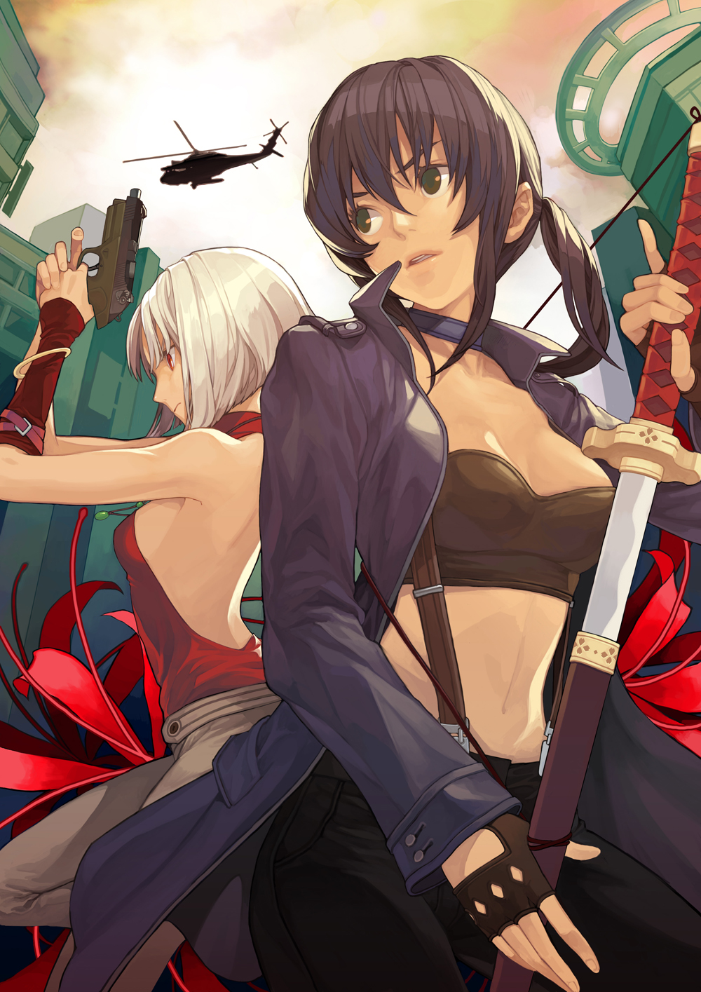 428 alphard back-to-back bad_id bare_shoulders black_hair brown_eyes bustier canaan canaan_(character) fingerless_gloves gloves gun handgun helicopter highres katana lingerie midriff multiple_girls ponytail red_eyes serenade_(pixiv556801) serenade_(sinohi) short_hair suspenders sword uh-60_blackhawk underwear weapon white_hair