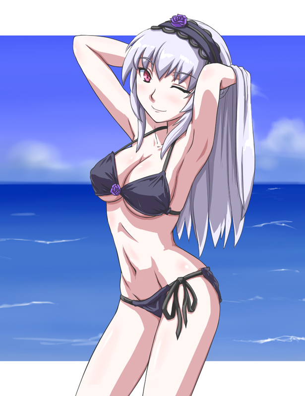 hairband kurai_(cry) long_hair red_eyes rozen_maiden silver_hair suigintou swimsuit wink