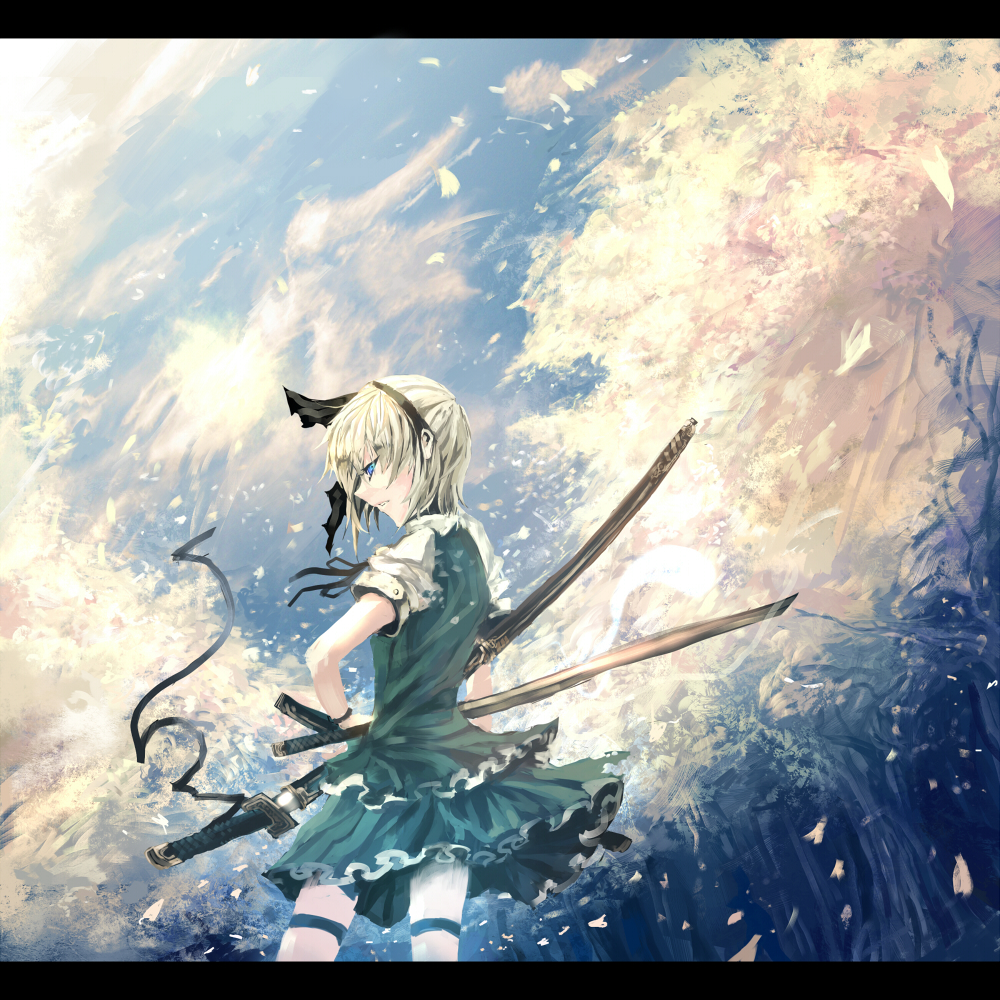 dual_wielding hair_ribbon katana konpaku_youmu makai_no_juumin nature petals ribbon sheath short_hair silver_hair solo sword touhou tree unsheathing weapon