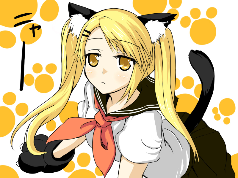 animal_ears blonde_hair cat cat_ears cat_tail gloves kamemasa kirishima_kotone nyan_koi nyan_koi! paw_gloves school_uniform serafuku tail