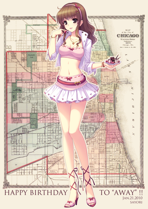 :p brown_hair bustier cherry chicago cross-laced_footwear english food fruit hairband high_heels ice_cream lace-up_heels legs lingerie long_hair midriff navel original pleated_skirt sayori shoes skirt solo tongue underwear