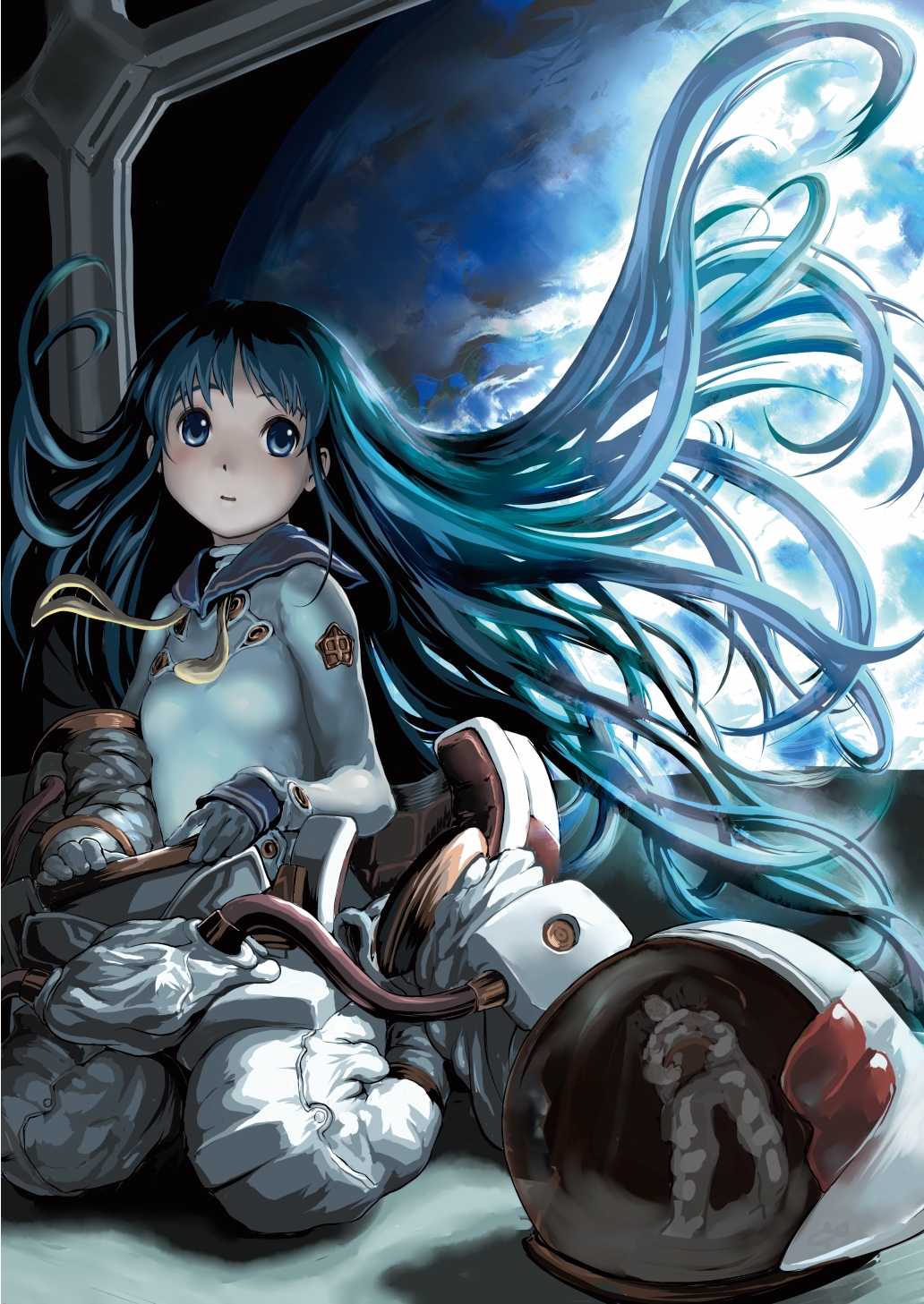 blue_hair floating_hair helmet highres kneeling long_hair planet reflection ribbon solo space spacesuit very_long_hair yasu_sakana zero_gravity