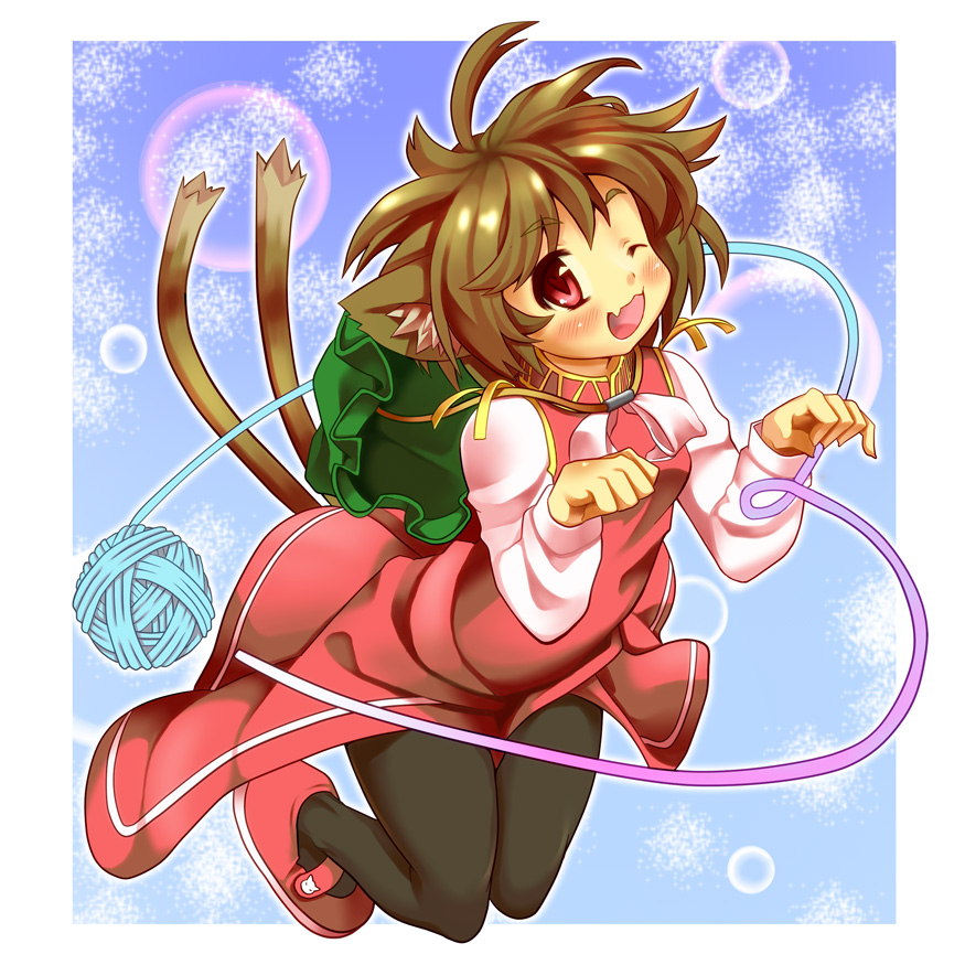 brown_hair cat_ears cat_tail chen hat multiple_tails niji_sugi pantyhose red_eyes short_hair solo tail touhou