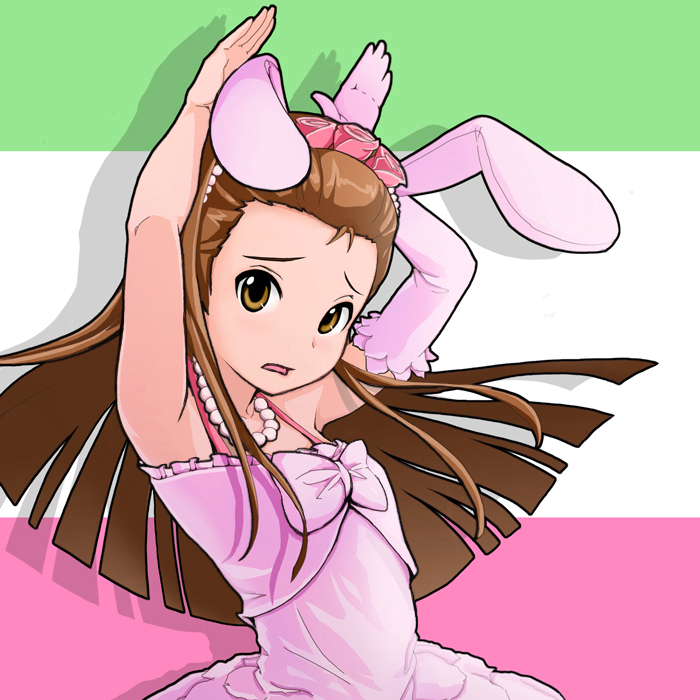 armpits brown_eyes brown_hair bunny_ears caramelldansen flat_chest hairband idolmaster issei jewelry long_hair minase_iori necklace rabbit_ears single_glove