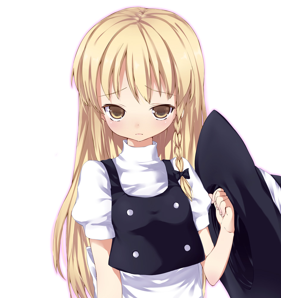 blonde_hair blush bow braid bust face frown hair_bow hair_ribbon hands hat hat_removed headwear_removed holding holding_hat kirisame_marisa long_hair ribbon sad side_braid simple_background solo subachi touhou witch_hat yellow_eyes