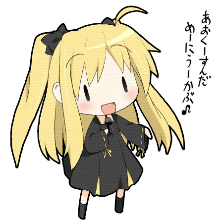 ahoge blonde_hair blush chibi dress fate_testarossa hair_ribbon kohinata_sora long_hair lowres mahou_shoujo_lyrical_nanoha microphone ribbon singing socks translation_request twintails