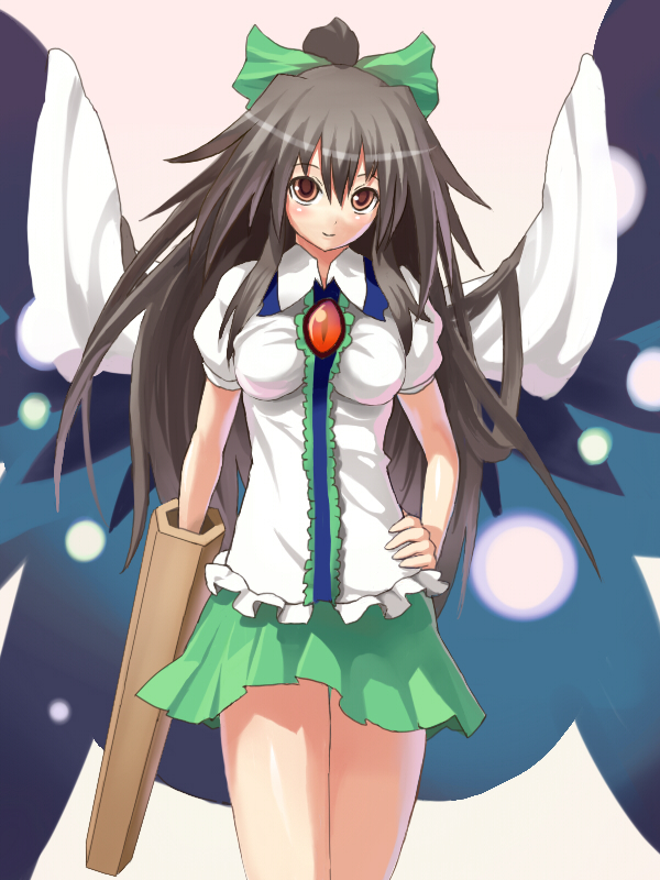 bow cape hair_bow hand_on_hip long_hair okaki orange_eyes reiuji_utsuho skirt smile touhou wings