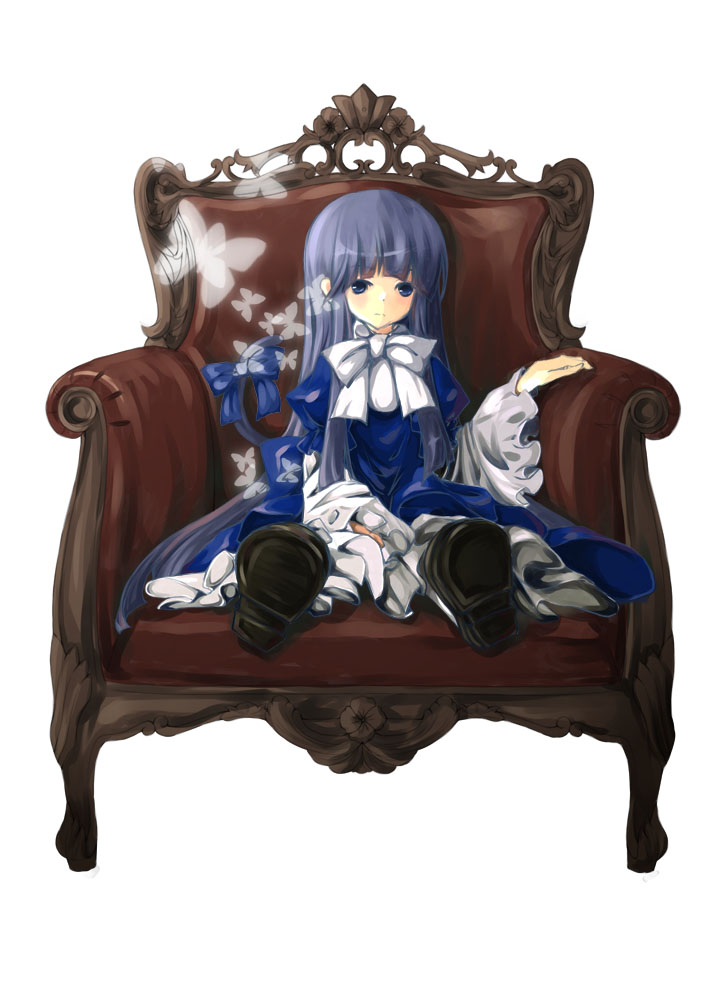 blue_eyes blue_hair butterfly chair frederica_bernkastel long_hair mewkoala oversized_clothes umineko_no_naku_koro_ni