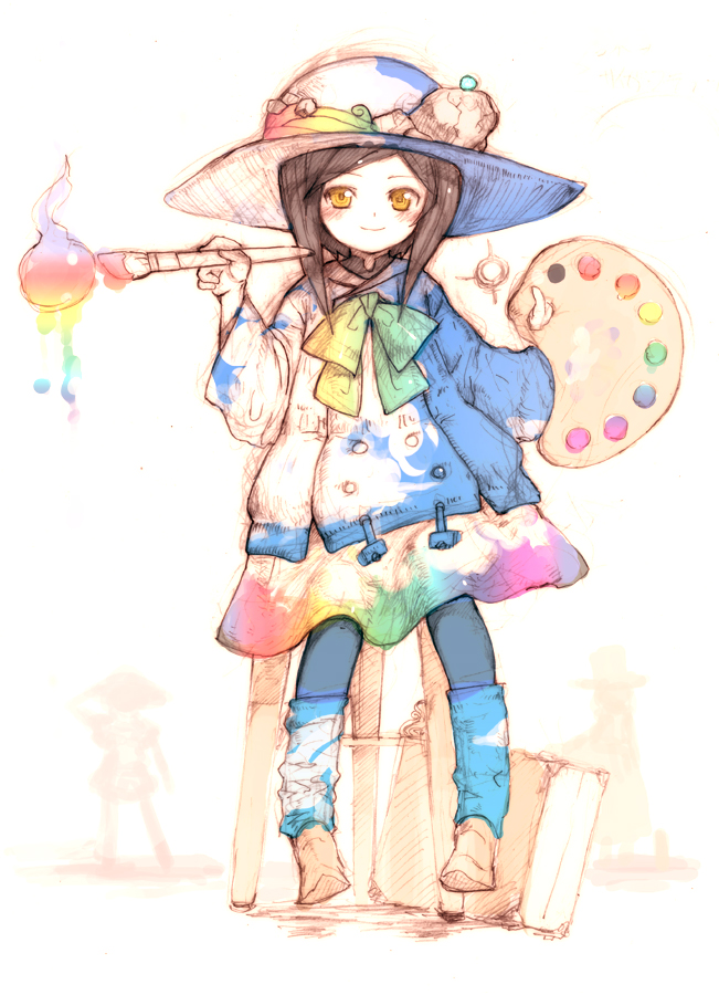 art_brush bad_id blue_legwear blush briefcase brown_eyes brown_hair colorful dress hat leg_warmers paint paintbrush palette pantyhose rainbow_order rondo_bell silhouette sitting smile solo stool top_hat