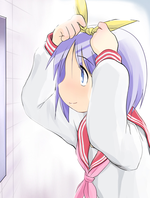 blue_eyes hair_ribbon hiiragi_tsukasa lucky_star mirror purple_hair ribbon school_uniform serafuku short_hair tying wancho