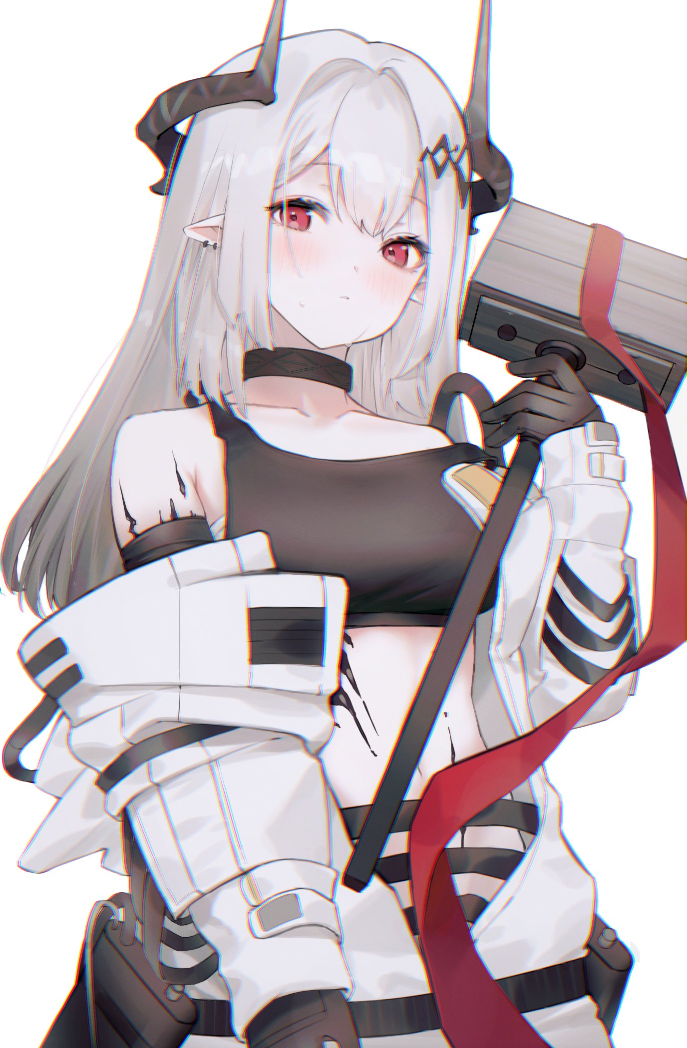 1girl 4656 arknights black_gloves black_tank_top blush choker chromatic_aberration earrings gloves hammer highres horns infection_monitor_(arknights) jewelry long_hair long_sleeves looking_at_viewer midriff mudrock_(arknights) off_shoulder oripathy_lesion_(arknights) pointy_ears red_eyes red_ribbon ribbon simple_background sledgehammer solo tank_top upper_body white_background white_hair