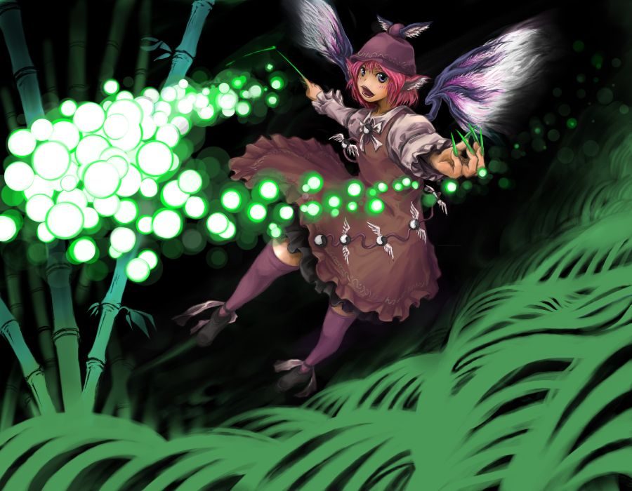 artist_request bad_id bamboo bamboo_forest claws danmaku dark dress fingernails flying foreshortening forest green hat kasu leaf long_fingernails long_nails long_sleeves mystia_lorelei nail_polish nails nature night open_mouth outstretched_arms pink_hair purple_eyes ribbon shoes spread_arms thighhighs touhou winged_shoes wings