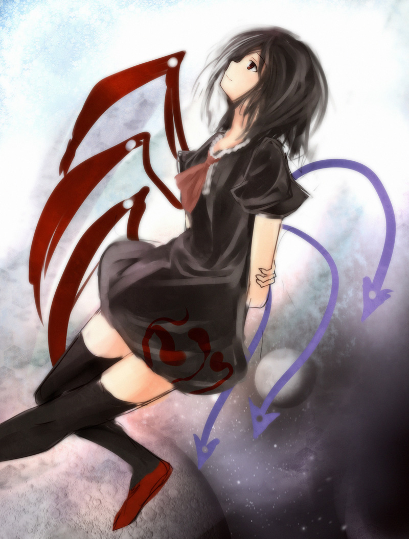 asymmetrical_wings black_hair black_legwear dress houjuu_nue metalwasabi moon red_eyes solo thighhighs touhou wings