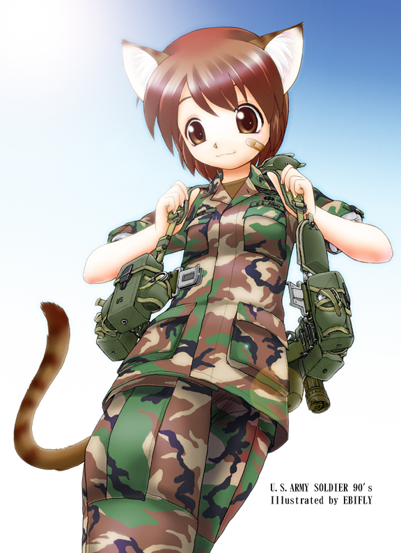 army bandaid brown_eyes brown_hair camouflage cat_ears cat_tail ebifly military military_uniform original solo tail uniform