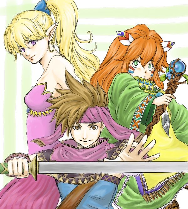 1boy 2girls bare_shoulders blonde_hair brown_hair earrings facepaint feathers hair_feathers hayashi-34523537 headband hoop_earrings jewelry long_hair multiple_girls pointy_ears popoie purim purple_eyes randi red_hair redhead seiken_densetsu seiken_densetsu_2 spiked_hair spiky_hair staff sword tabard tunic violet_eyes weapon