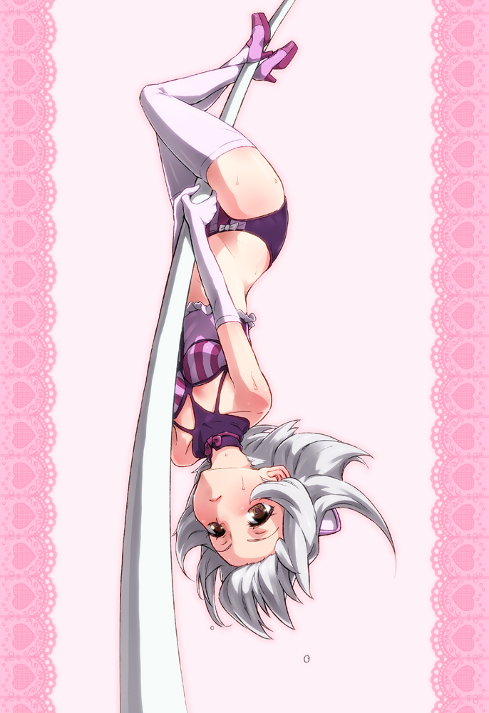 brown_eyes dripping elbow_gloves flying_sweatdrops foreshortening gloves high_heels high_school_dxd morimiya_masayuki pole pole_dancing shoes short_hair silver_hair solo sweat sweatdrop thigh-highs thighhighs toujou_koneko upside-down white_legwear