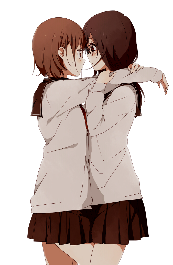 blush brown_eyes brown_hair eye_contact face-to-face glasses hair_in_mouth hug looking_at_another mouth_hold multiple_girls namori original school_uniform serafuku short_hair simple_background sweatdrop white_background yuri