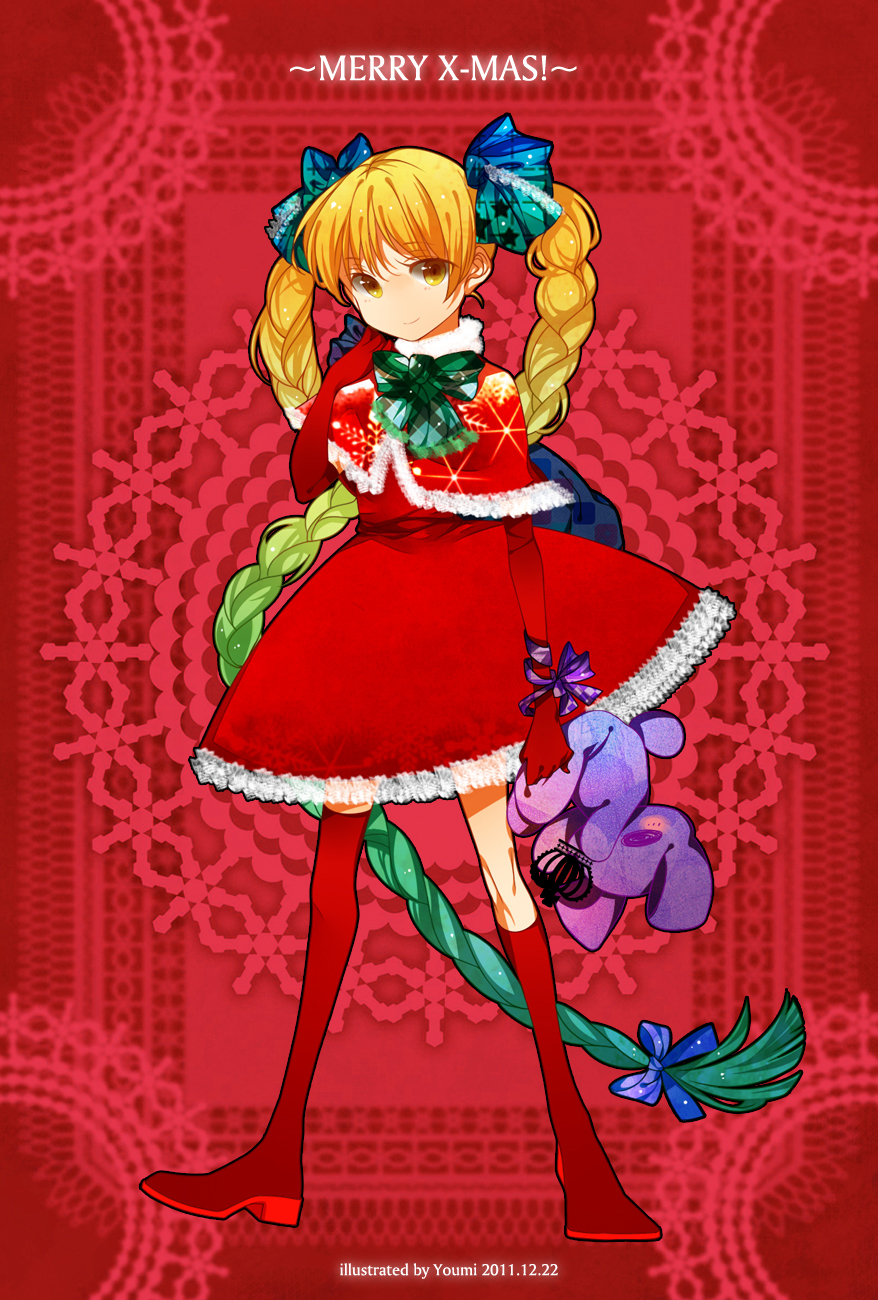 2011 artist_name blonde_hair capelet dated dress gradient_hair hand_to_mouth highres holding long_hair merry_christmas multicolored_hair original smile solo stuffed_animal stuffed_bunny stuffed_toy very_long_hair yellow_eyes youmi