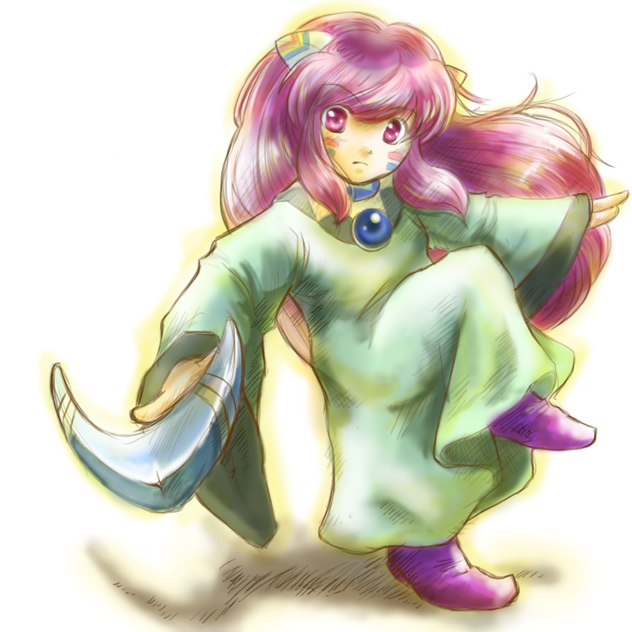 1girl androgynous boomerang facepaint long_hair male pink_eyes popoie seiken_densetsu seiken_densetsu_2 solo tunic