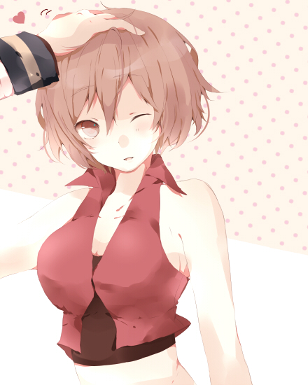 breasts brown_hair hand_on_head kaito large_breasts meiko naniiro red_eyes short_hair smile solo vocaloid wink