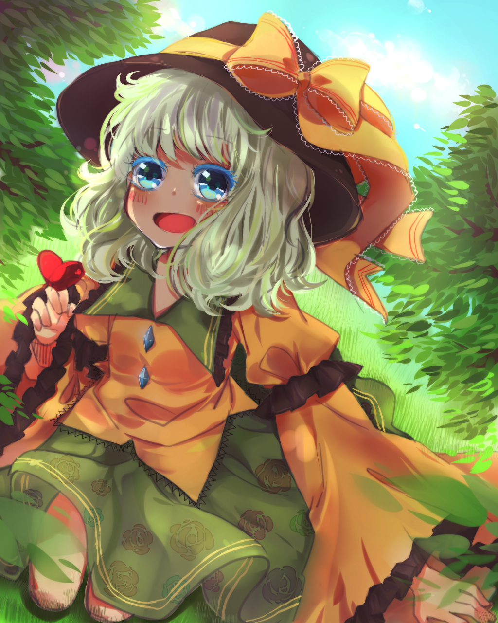 :d anthiea bad_id blonde_hair blue_eyes bow dress hat hat_bow hat_ribbon heart highres holding komeiji_koishi open_mouth ribbon sky smile solo touhou