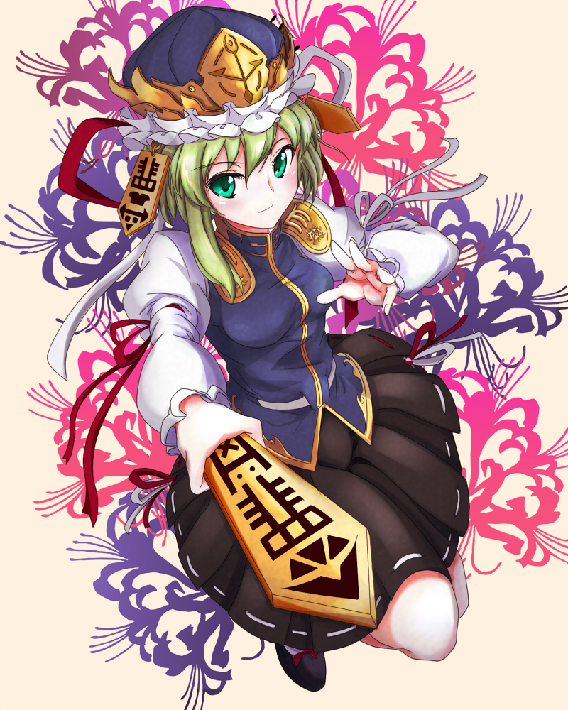 1girl blush green_eyes green_hair hat opilio ribbon rod_of_remorse shikieiki_yamaxanadu short_hair skirt smile solo touhou