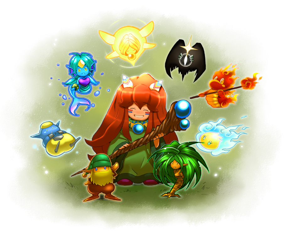 1girl androgynous closed_eyes dryad_(seiken_densetsu) eyes_closed facepaint feathers gnome_(seiken_densetsu) hair_feathers homa_kura jewelry jinn_(seiken_densetsu) long_hair luna_(seiken_densetsu) popoie red_hair redhead salamander_(seiken_densetsu) seiken_densetsu seiken_densetsu_2 shade_(seiken_densetsu) smile staff tunic undine_(seiken_densetsu) will-o'-wisp_(seiken_densetsu) will-o'-wisp_(seiken_densetsu)