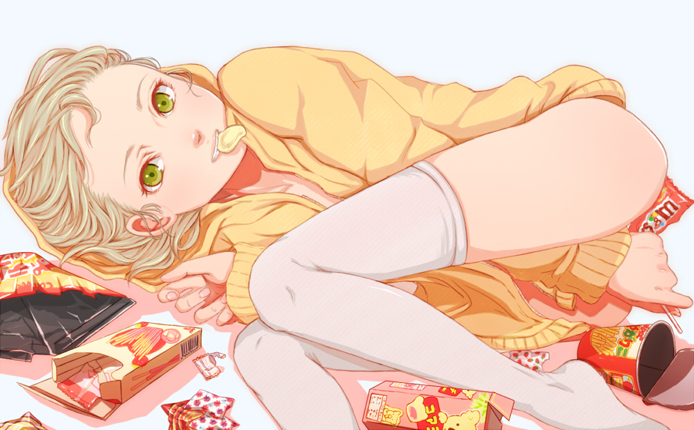 bad_id blonde_hair chips dress green_eyes hoodie huang_baoling legs m&amp;ms mouth_hold naked_coat neshichi pocky short_hair solo thigh-highs thighhighs tiger_&amp;_bunny white_legwear