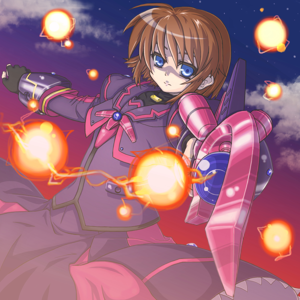 blue_eyes brown_hair cloud dress energy_ball fingerless_gloves gauntlets gloves luciferion lyrical_nanoha mahou_shoujo_lyrical_nanoha mahou_shoujo_lyrical_nanoha_a's mahou_shoujo_lyrical_nanoha_a's_portable:_the_battle_of_aces mahou_shoujo_lyrical_nanoha_a's mahou_shoujo_lyrical_nanoha_a's_portable:_the_battle_of_aces material-s short_hair staff