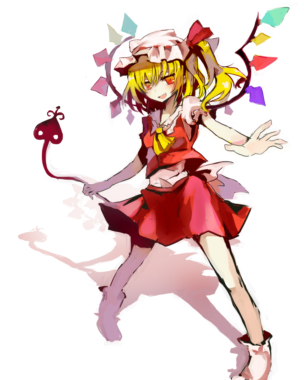 :d ascot blonde_hair crystal flandre_scarlet hat hat_ribbon highres open_mouth orange_eyes outstretched_arm ribbon sakusakumonoka shadow side_ponytail skirt smile solo standing tail the_embodiment_of_scarlet_devil touhou transparent_background wings