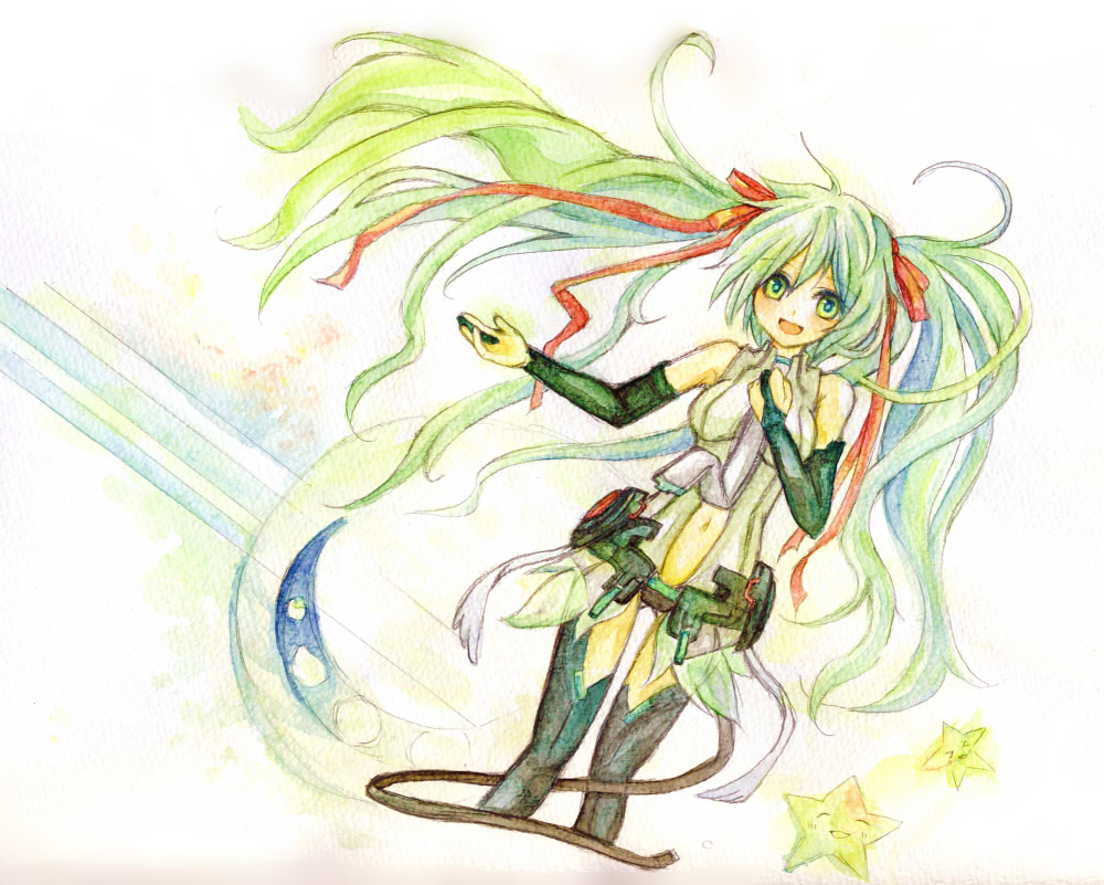 breasts bridal_gauntlets center_opening green_eyes green_hair hair_ribbon hand_on_own_chest hatsune_miku hatsune_miku_(append) kohato long_hair miku_append navel necktie open_mouth ribbon solo star thigh-highs thighhighs traditional_media twintails very_long_hair vocaloid vocaloid_append watercolor_(medium)