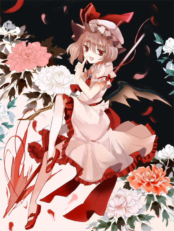1girl arm_up bat_wings brooch cierra_(ra-bit) fang flower hat hat_ribbon jewelry leg_up open_mouth red_eyes red_shoes remilia_scarlet ribbon shirt shoes short_hair silver_hair skirt skirt_set smile solo spear_the_gungnir touhou wings