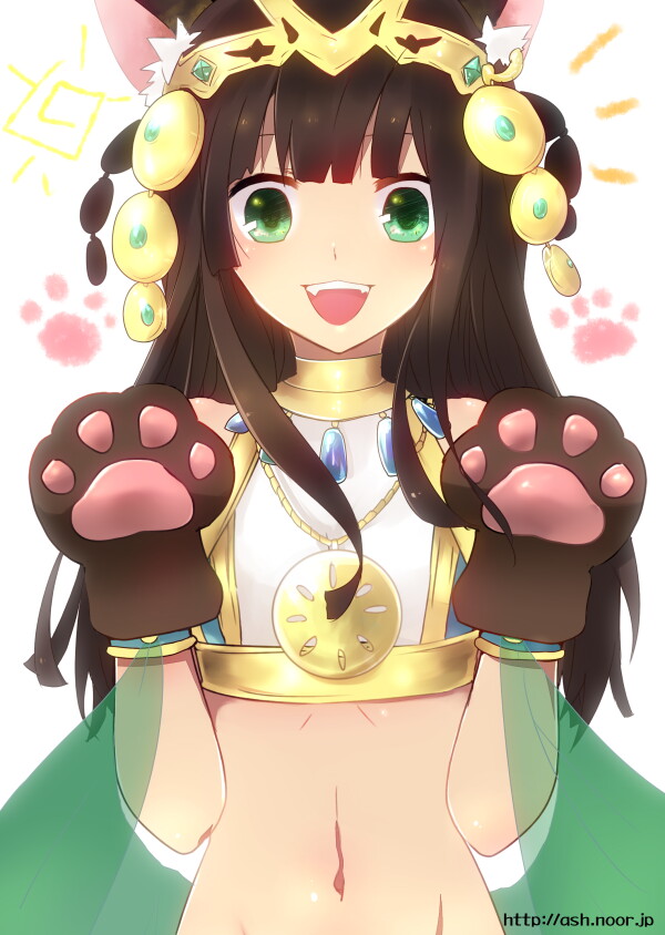 1girl :d animal_ears bastet_(p&amp;d) brown_hair cat_ears cat_paws green_eyes jewelry midriff navel open_mouth paws puzzle_&amp;_dragons smile yoshidau