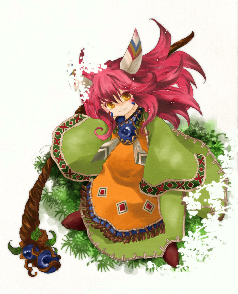 1girl androgynous feathers hair_feathers jewelry long_hair male necklace popoie red_hair redhead seiken_densetsu seiken_densetsu_2 solo staff tabard tunic yellow_eyes