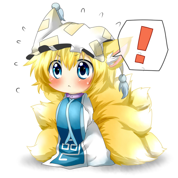 1girl :&lt; animal_ears blonde_hair blue_eyes blush chibi fox_ears fox_tail hands_in_sleeves hands_together hat kyuubi multiple_tails rebecca_(keinelove) short_hair simple_background solo sweatdrop tabard tail touhou white_background yakumo_ran
