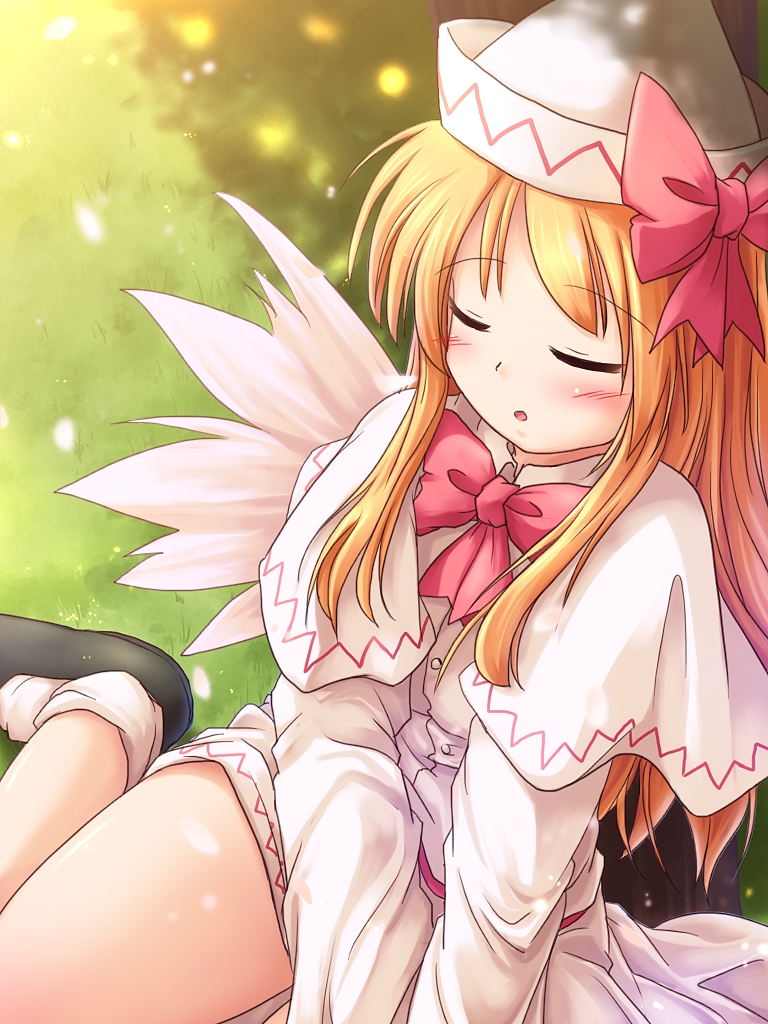 blonde_hair blush bow capelet closed_eyes dress eyes_closed footwear hat lily_white long_hair lzh open_mouth sitting socks solo touhou tree v_arms white_dress white_legwear wings