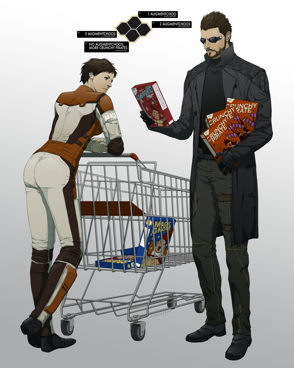 1girl 2011 adam_jensen ass beard bodysuit brown_hair cereal coat couple cyberpunk cyborg deus_ex deus_ex:_human_revolution facial_hair faridah_malik gb_(doubleleaf) genmaipudding gloves gnome good_end highres mole pilot_suit realistic science_fiction shopping shopping_cart short_hair simple_background sunglasses trench_coat