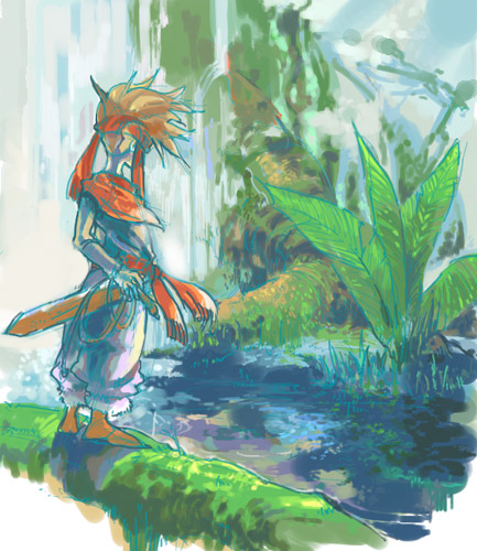 brown_hair from_behind hand_on_hilt headband koota lowres male randi scabbard seiken_densetsu seiken_densetsu_2 sheath solo spiked_hair spiky_hair sword water waterfall weapon