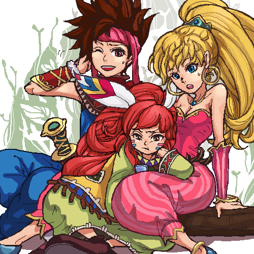 1boy 2boys 2girls :t androgynous annoyed bare_shoulders between_legs blonde_hair blue_eyes chin_rest earrings facepaint feathers hair_feathers henyo hoop_earrings jewelry long_hair lowres multiple_boys multiple_girls ponytail popoie purim randi red_hair redhead seiken_densetsu seiken_densetsu_2 tunic wink yellow_eyes