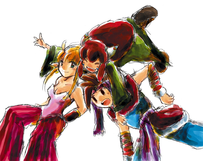 1boy 2girls bare_shoulders blonde_hair brown_hair closed_eyes eyes_closed glomp happy headband hug multiple_girls popoie purim randi red_hair redhead seiken_densetsu seiken_densetsu_2 vambraces