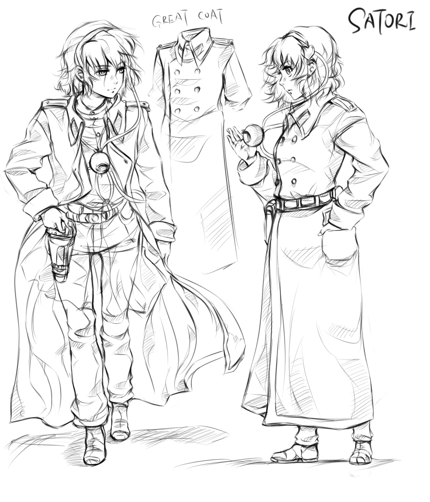 alternate_costume belt coat contemporary earrings hairband hand_in_pocket holster jewelry komeiji_satori lleu monochrome pants short_hair sketch solo third_eye touhou